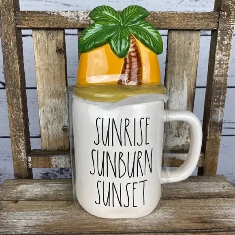 NWT Rae Dunn "Sunrise, Sunburn, Sunset" Mug With Palm Tree Lid Warmer Collection